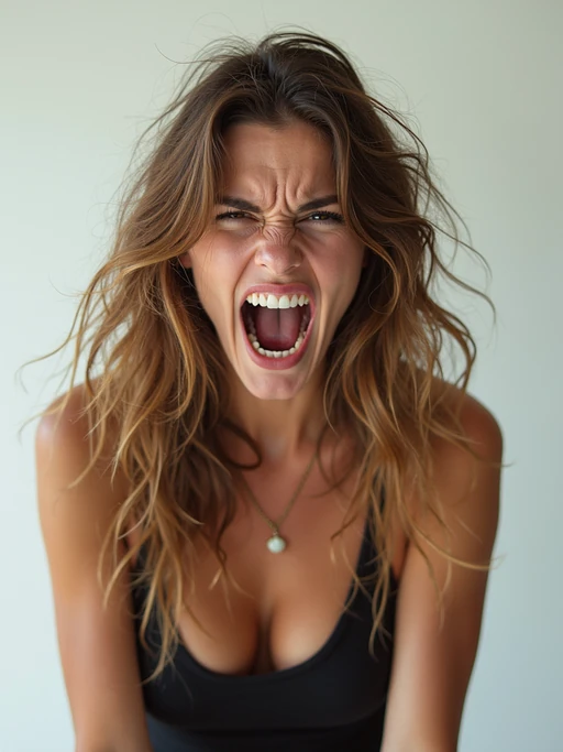 exaggerated angry furious rage model, blank background