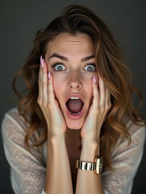 exaggerated faces of model expressing shock holding own face in hands