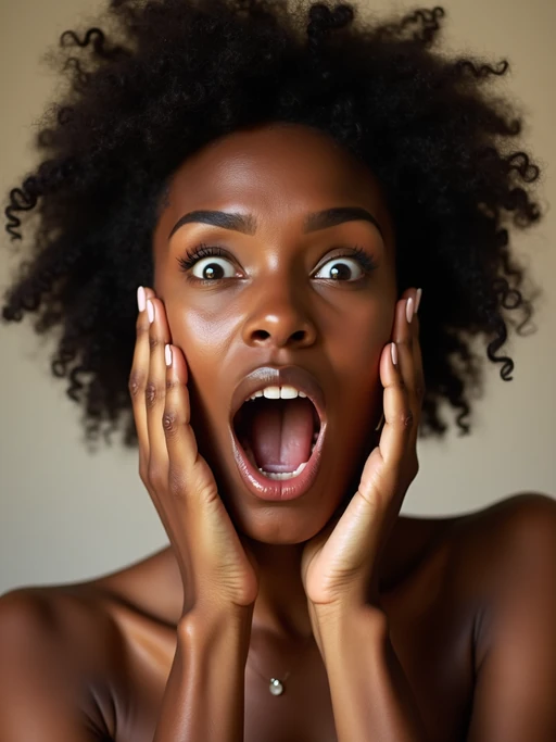 exaggerated faces of model expressing shock holding own face in hands