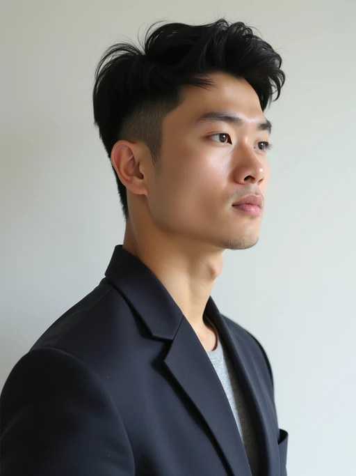 looking away, looking aside, gazing off model, blank background
