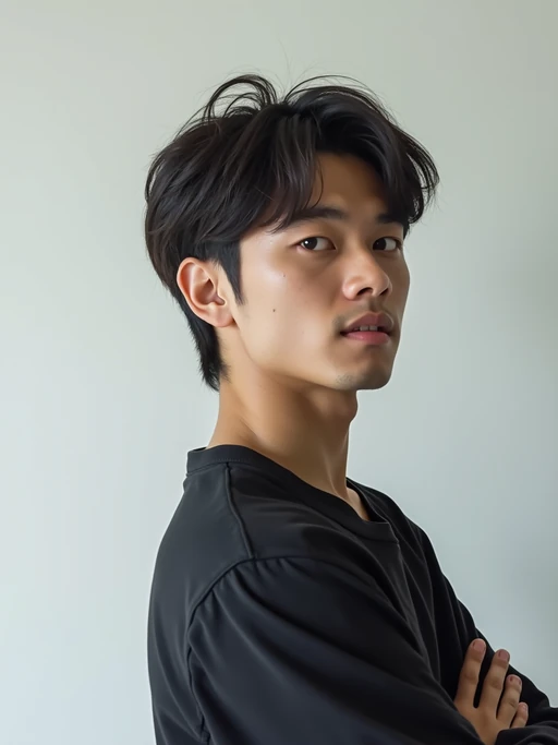 looking away, looking aside, gazing off model, blank background