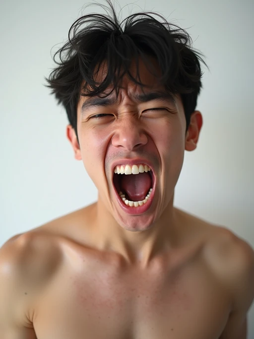 exaggerated feels disgusted repulsed revolted nauseated sickened appalled horrified model, blank background