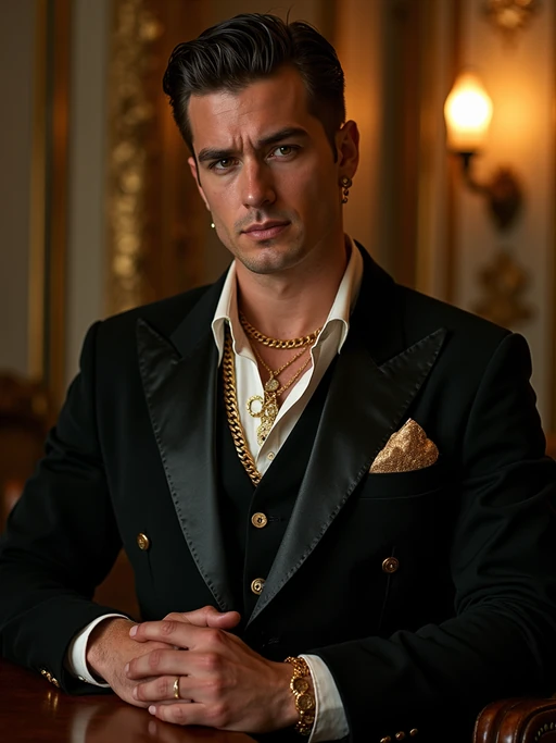beautiful model as a mobster, mafia, mafia outfit, tailored suits, chunky gold jewelry, mafia aesthetic, flashy, glamorous, luxury, loud, Goodfellas, The Sopranos, Mob Wives, opulence, confidence