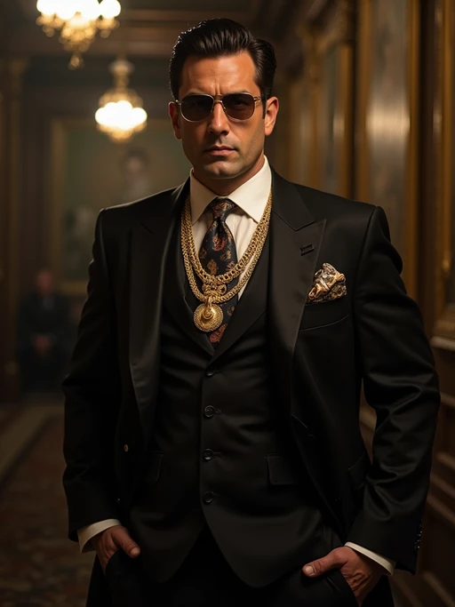 beautiful model as a mobster, mafia, mafia outfit, tailored suits, chunky gold jewelry, mafia aesthetic, flashy, glamorous, luxury, loud, Goodfellas, The Sopranos, Mob Wives, opulence, confidence