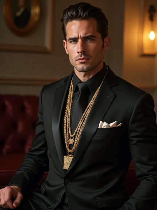 beautiful model as a mobster, mafia, mafia outfit, tailored suits, chunky gold jewelry, mafia aesthetic, flashy, glamorous, luxury, loud, Goodfellas, The Sopranos, Mob Wives, opulence, confidence