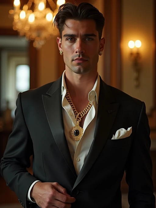 beautiful model as a mobster, mafia, mafia outfit, tailored suits, chunky gold jewelry, mafia aesthetic, flashy, glamorous, luxury, loud, Goodfellas, The Sopranos, Mob Wives, opulence, confidence