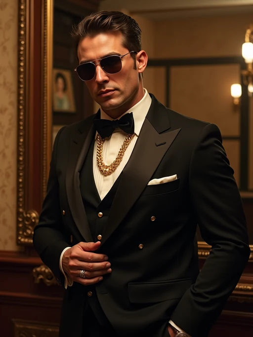 beautiful model as a mobster, mafia, mafia outfit, tailored suits, chunky gold jewelry, mafia aesthetic, flashy, glamorous, luxury, loud, Goodfellas, The Sopranos, Mob Wives, opulence, confidence