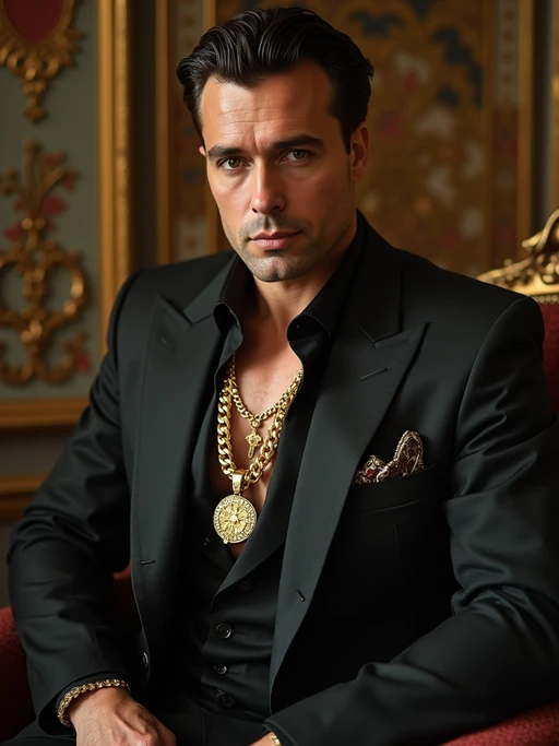 beautiful model as a mobster, mafia, mafia outfit, tailored suits, chunky gold jewelry, mafia aesthetic, flashy, glamorous, luxury, loud, Goodfellas, The Sopranos, Mob Wives, opulence, confidence