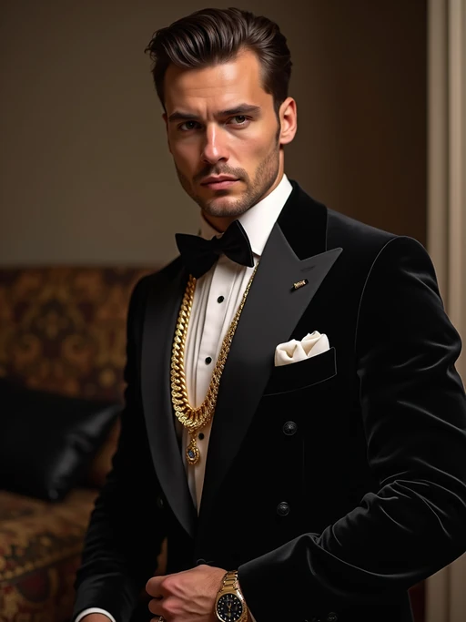 beautiful model as a mobster, mafia, mafia outfit, tailored suits, chunky gold jewelry, mafia aesthetic, flashy, glamorous, luxury, loud, Goodfellas, The Sopranos, Mob Wives, opulence, confidence