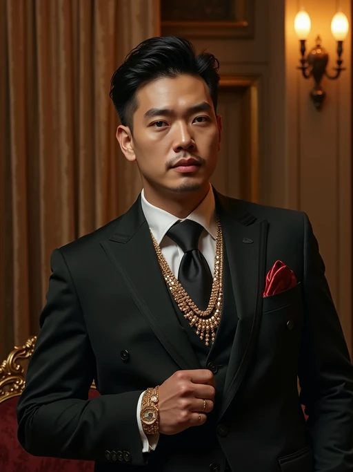 beautiful model as a mobster, mafia, mafia outfit, tailored suits, chunky gold jewelry, mafia aesthetic, flashy, glamorous, luxury, loud, Goodfellas, The Sopranos, Mob Wives, opulence, confidence