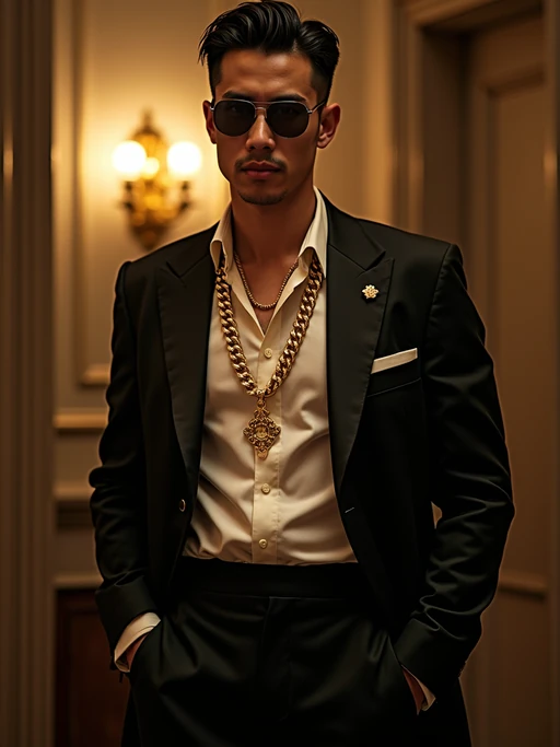 beautiful model as a mobster, mafia, mafia outfit, tailored suits, chunky gold jewelry, mafia aesthetic, flashy, glamorous, luxury, loud, Goodfellas, The Sopranos, Mob Wives, opulence, confidence