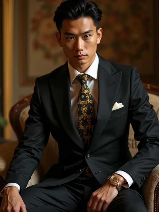 beautiful model as a mobster, mafia, mafia outfit, tailored suits, chunky gold jewelry, mafia aesthetic, flashy, glamorous, luxury, loud, Goodfellas, The Sopranos, Mob Wives, opulence, confidence