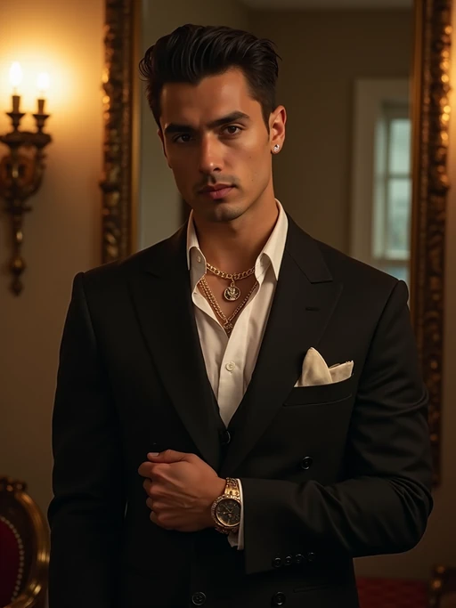 beautiful model as a mobster, mafia, mafia outfit, tailored suits, chunky gold jewelry, mafia aesthetic, flashy, glamorous, luxury, loud, Goodfellas, The Sopranos, Mob Wives, opulence, confidence