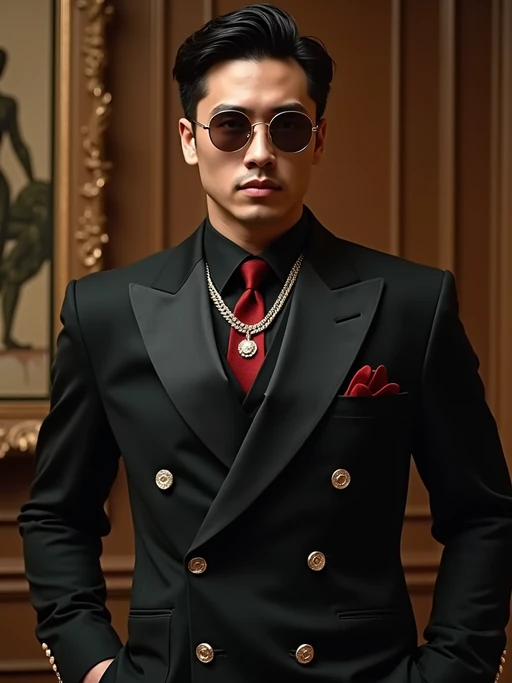 beautiful model as a mobster, mafia, mafia outfit, tailored suits, chunky gold jewelry, mafia aesthetic, flashy, glamorous, luxury, loud, Goodfellas, The Sopranos, Mob Wives, opulence, confidence