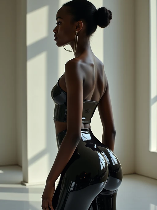 full body photo side view of model posing for photo. she is wearing black skin tight, glossy reflective pants that mirrors the surroundings. she is posed in a way that emphasizes their exaggerated, idealized body shapes, exaggerated buttocks.