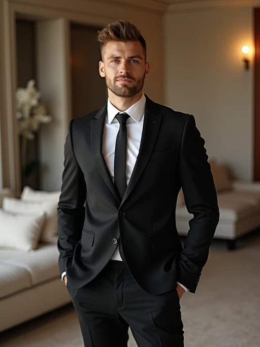 a model wearing if(gender=f){black bodycon dress} if(gender=m){black suit} in luxury villa living room, instagram photo, instagram, if(gender=f){hourglass figure} if(gender=m){fit body}