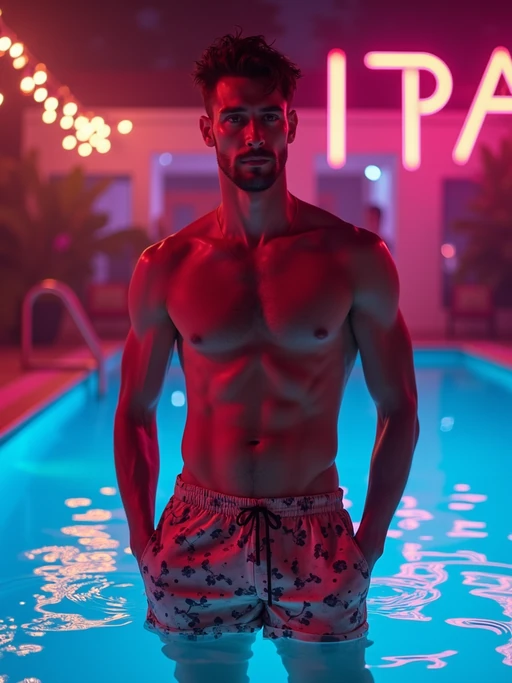 model if(gender=f){with hourglass figure}, if(gender=m){fit body} in floral silk if(gender=f){bikini} if(gender=m){swim shorts and shirtless} at pool party with neon lights