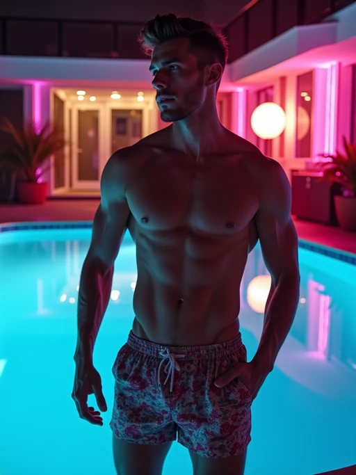 model if(gender=f){with hourglass figure}, if(gender=m){fit body} in floral silk if(gender=f){bikini} if(gender=m){swim shorts and shirtless} at pool party with neon lights