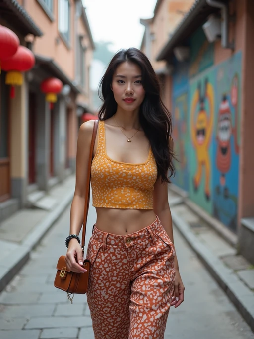 model wearing a trendy outfit, walking down a street lined with colorful murals