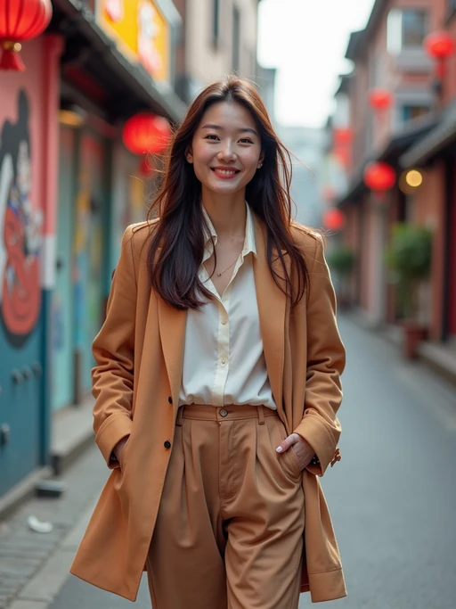 model wearing a trendy outfit, walking down a street lined with colorful murals