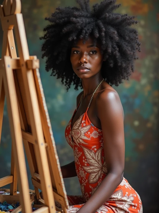 a model as artistic painter in  art studio with wooden easel and paint