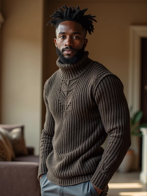 a model wearing knitted sweater) in luxury villa living room, instagram photo, instagram, if(gender=f){hourglass figure} if(gender=m){fit body}