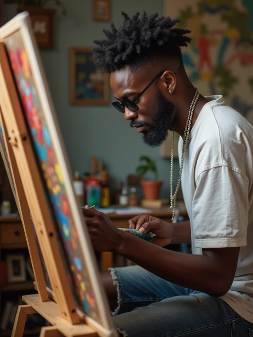 a model as artistic painter in  art studio with wooden easel and paint