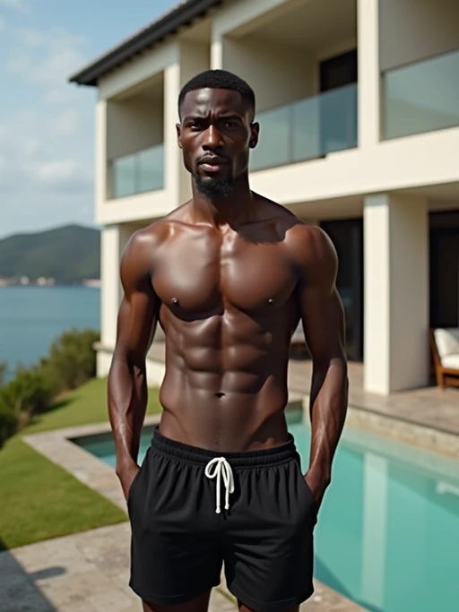 model if(gender=f){90s hairbun wearing skintight skin tight (black yoga shorts)} wearing if(gender=f){a cropped top, feminine slim figure, wearing a cropped top} if(gender=f){a t-shirt, masculine figure, wearing a t-shirt}, if(gender=f){hourglass figure}, if(gender=m){fit body} very model, in front of luxury villa, if(gender=f){black yoga shorts} if(gender=m){black shorts}, sexy, beautiful, model