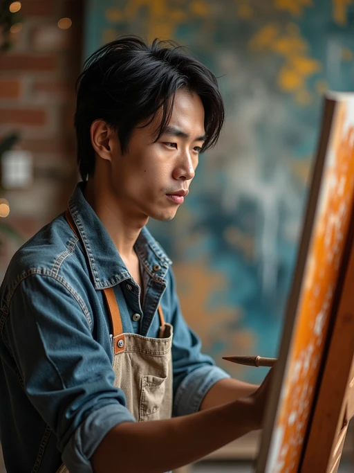 a model as artistic painter in  art studio with wooden easel and paint