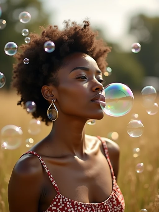 model blowing bubbles. all around her are floating bubbles. many bubbles floating. the bubbles reflect her face. she stands in a sunlit field.