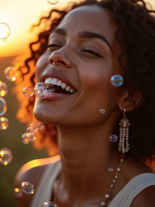 model blowing bubbles. all around her are floating bubbles. many bubbles floating. the bubbles reflect her face. it is golden hour at sunset.