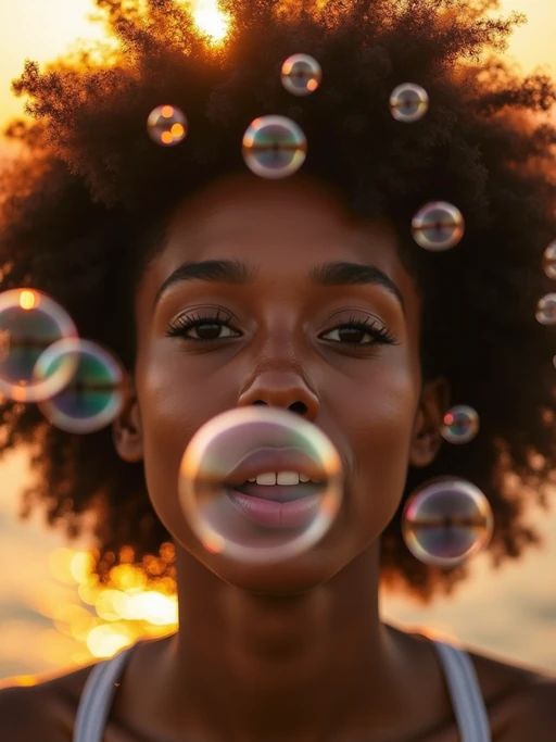 model blowing bubbles. all around her are floating bubbles. many bubbles floating. the bubbles reflect her face. it is golden hour at sunset.