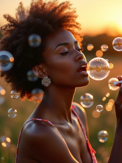 model blowing bubbles. all around her are floating bubbles. many bubbles floating. the bubbles reflect her face. it is golden hour at sunset.