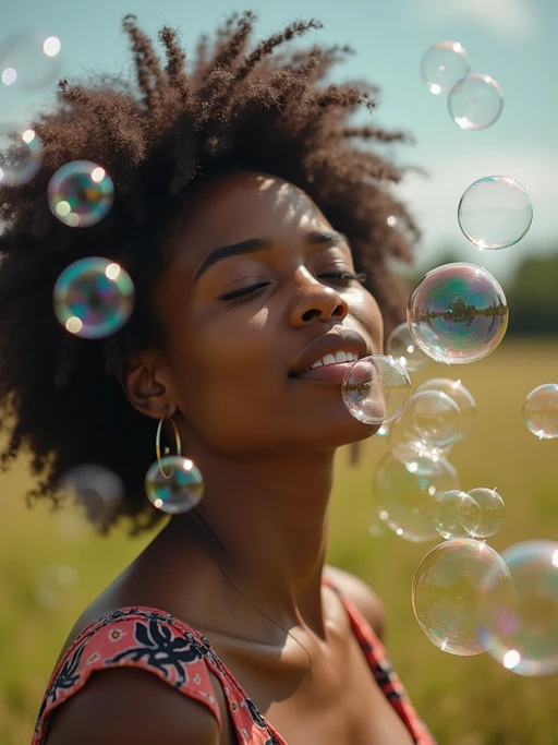 model blowing bubbles. all around her are floating bubbles. many bubbles floating. the bubbles reflect her face. she stands in a sunlit field.