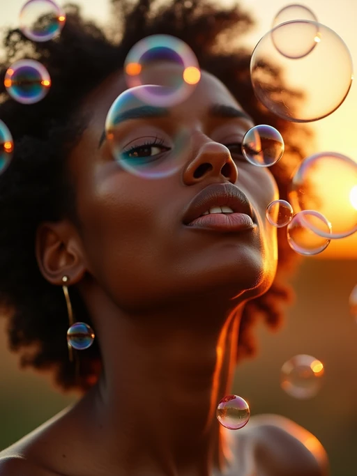 model blowing bubbles. all around her are floating bubbles. many bubbles floating. the bubbles reflect her face. it is golden hour at sunset.