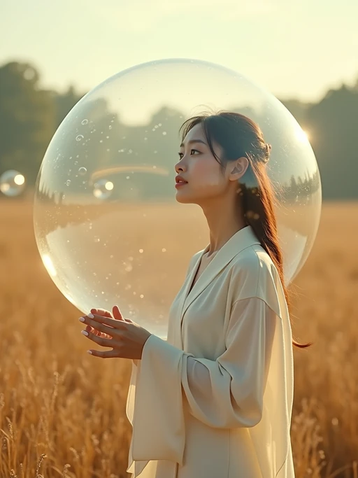 model holding a giant soap bubble in a sunlit field