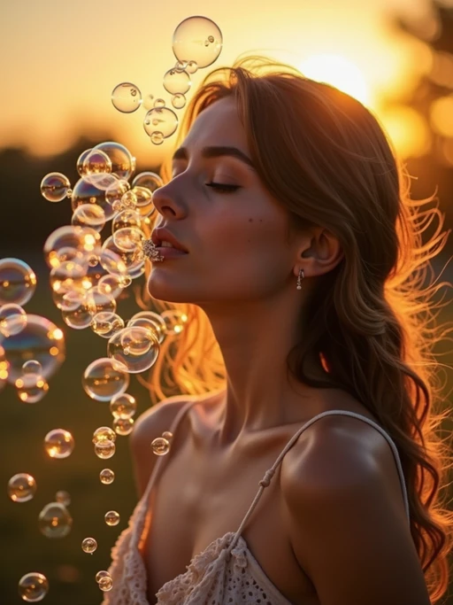 model blowing bubbles. all around her are floating bubbles. many bubbles floating. the bubbles reflect her face. it is golden hour at sunset.