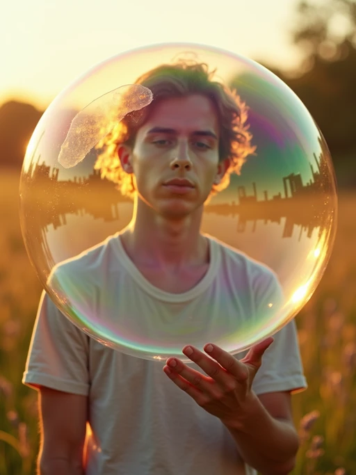 model holding a giant soap bubble in a sunlit field