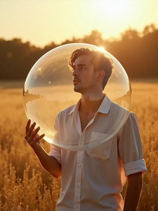 model holding a giant soap bubble in a sunlit field