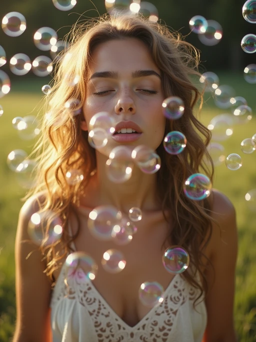 model blowing bubbles. all around her are floating bubbles. many bubbles floating. the bubbles reflect her face. she stands in a sunlit field.