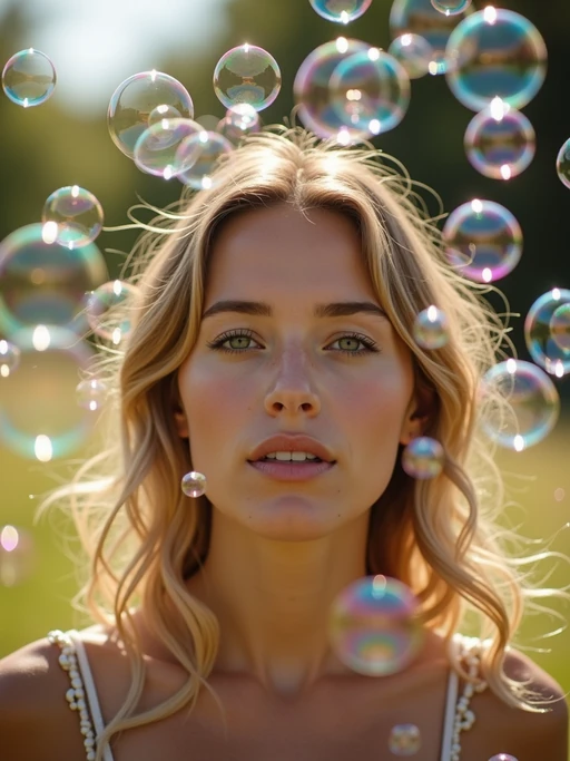 model blowing bubbles. all around her are floating bubbles. many bubbles floating. the bubbles reflect her face. she stands in a sunlit field.
