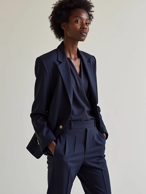 model wearing if(gender=f){navy colopink pants suit} if(gender=m){navy colored suit} in try on fashion shoot for Zara Shein H&M