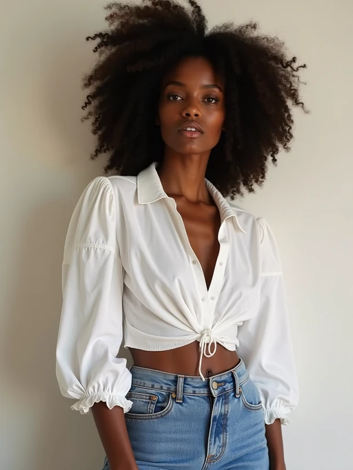 model wearing if(gender=f){white cropped blouse and denim jeans} if(gender=m){white collar shirt} in try on fashion shoot for Zara Shein H&M