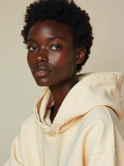 model wearing if(gender=f){cropped cream hoodie} if(gender=m){cream hoodie} in try on fashion shoot for Zara Shein H&M