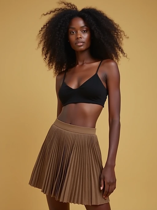model wearing if(gender=f){crop top and short pleated skirt} if(gender=m){t-shirt and pants} in try on fashion shoot for Zara Shein H&M