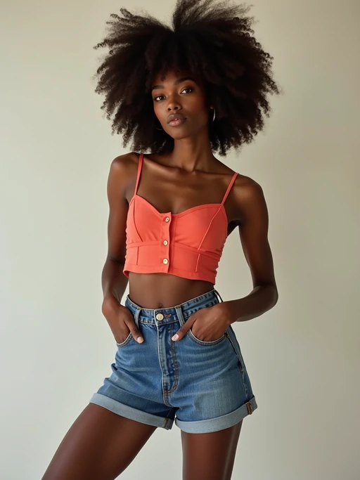 model wearing if(gender=f){crop top and denim shorts} if(gender=m){t-shirt and gym shorts} in try on fashion shoot for Zara Shein H&M