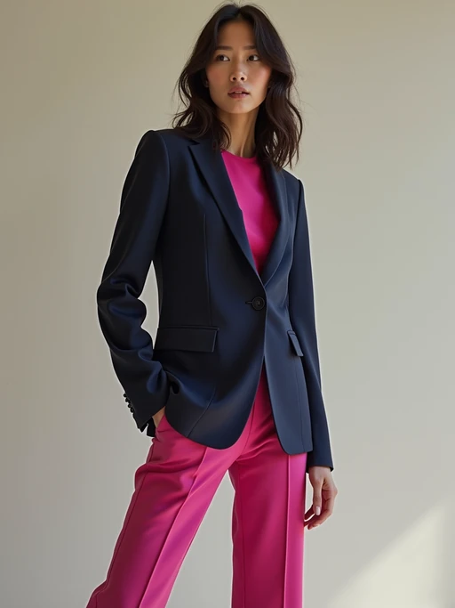 model wearing if(gender=f){navy colopink pants suit} if(gender=m){navy colored suit} in try on fashion shoot for Zara Shein H&M