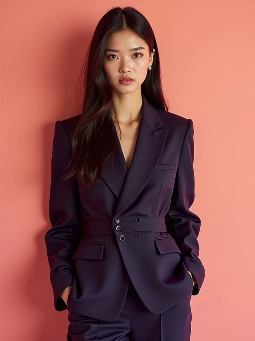 model wearing if(gender=f){navy colopink pants suit} if(gender=m){navy colored suit} in try on fashion shoot for Zara Shein H&M