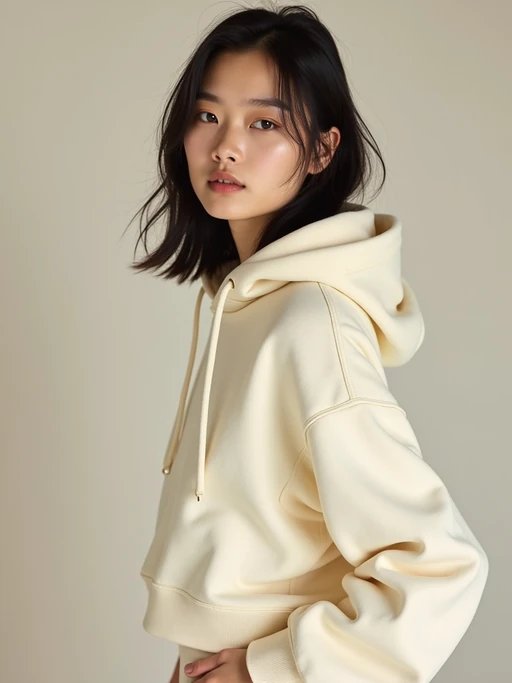 model wearing if(gender=f){cropped cream hoodie} if(gender=m){cream hoodie} in try on fashion shoot for Zara Shein H&M