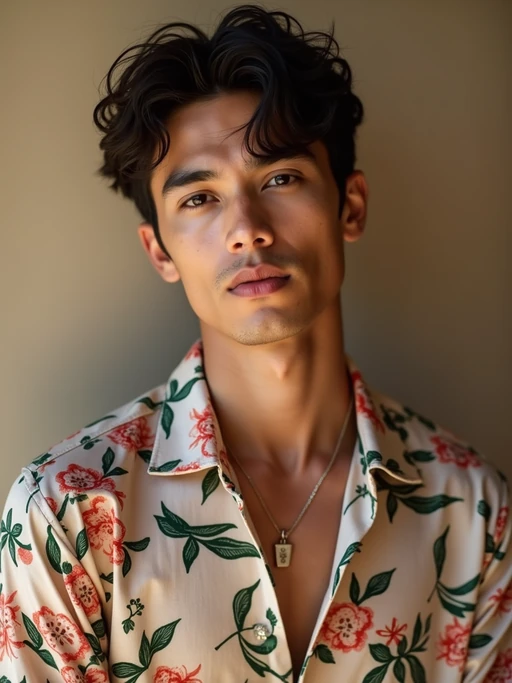 model wearing if(gender=f){silk floral dress} if(gender=m){floral silk shirt} in try on fashion shoot for Zara Shein H&M